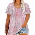 thumbnail image 1 of CLOISE Short Sleeve Shirts for Women Plus Size Tops Tunic V Neck Casual Pullover Print Summer Blouses Pink, 1 of 4