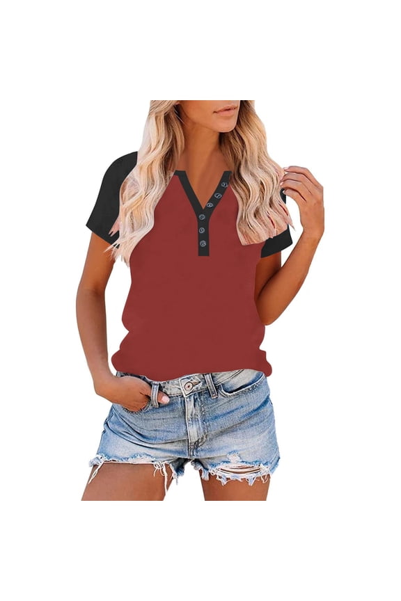 Short Sleeve T Shirt Women Plus Size Tops Button Crewneck Casual Pullover Color Block Loose Summer Blouses Red