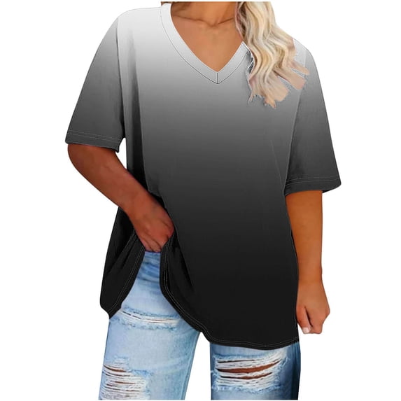 CLOISE Short Sleeve T Shirt Women Plus Size Tops V Neck Casual Pullover Gradient Summer Blouses Gold XL