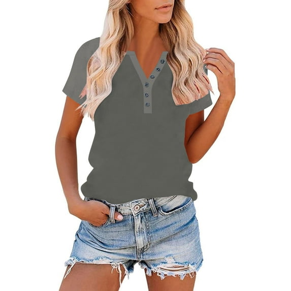 CLOISE Short Sleeve T Shirts for Women Plus Size Tops Button Crewneck Casual Pullover Solid Color Loose Summer Blouses Gray