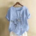 thumbnail image 1 of CLOISE Short Sleeve T Shirts for Women Plus Size Tops Button Round Neck Casual Pullover Graphic Summer Blouses Light Blue, 1 of 5
