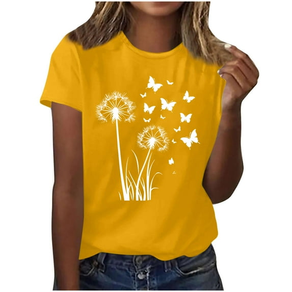 CLOISE Short Sleeve T Shirts for Women Plus Size Tops Crewneck Casual Pullover Graphic Summer Blouses Yellow