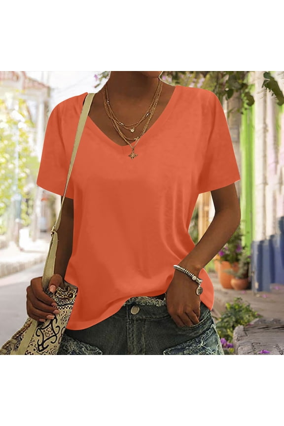 Short Sleeve T Shirts for Women Plus Size Tops Tunic V Neck Casual Pullover Solid Color Loose Summer Blouses Orange