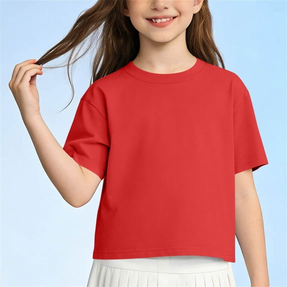 CLOISE Short Sleeve Tops for Kids Girls Boys Shirts Crewneck Casual Pullover Solid Color Summer Blouses Red