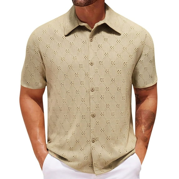 CLOISE Short Sleeve Tops for Men Big and Tall Shirts Collared Casual Pullover Solid Color Summer Blouses Khaki