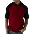 thumbnail image 1 of CLOISE Short Sleeve Tops for Men Casual Big and Tall Shirts Collared Pullover Corduroy Color Block Summer Blouses Wine, 1 of 6