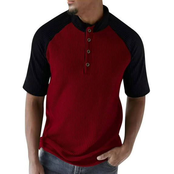 CLOISE Short Sleeve Tops for Men Casual Big and Tall Shirts Collared Pullover Corduroy Color Block Summer Blouses Wine