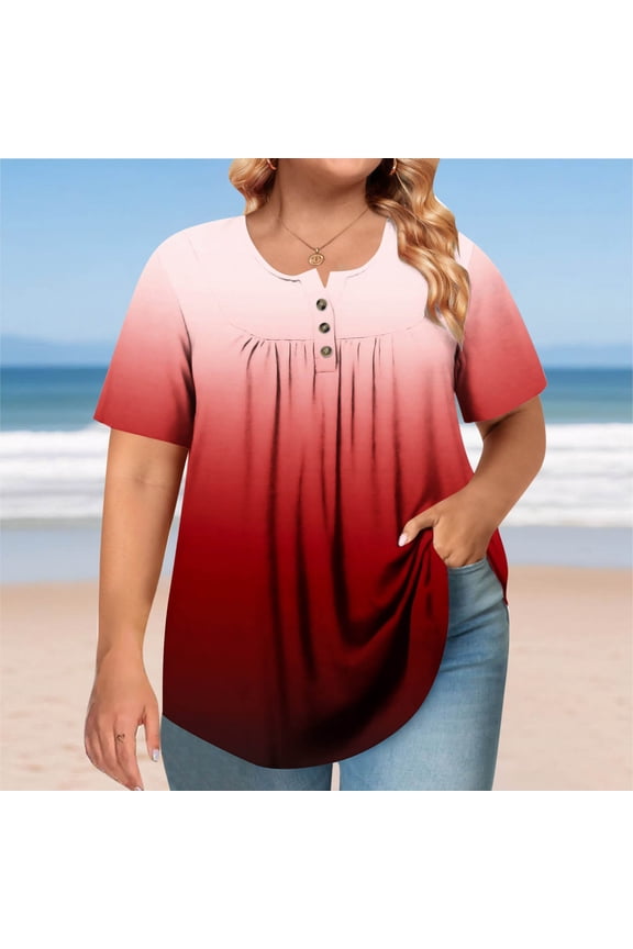 Short Sleeve Tops for Women Casual Plus Size Shirts Button Crewneck Pullover Gradient Summer Blouses Wine