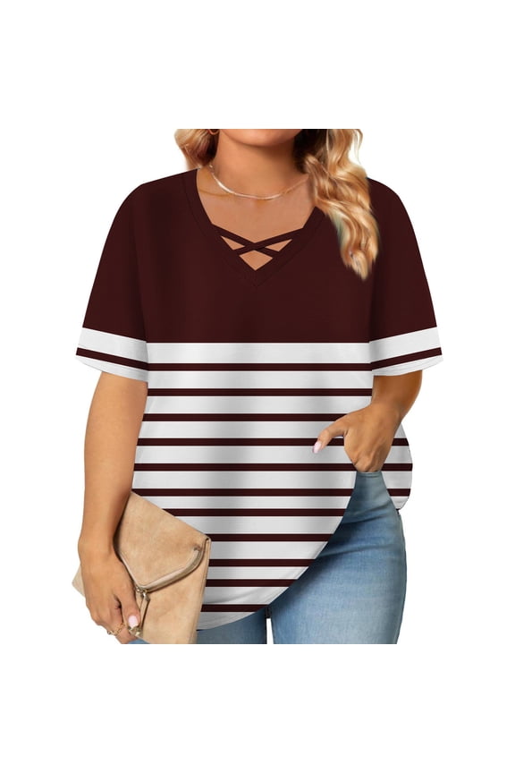 Short Sleeve Tops for Women Casual Plus Size Shirts Tunic V Neck Pullover Color Block Summer Blouses Brown