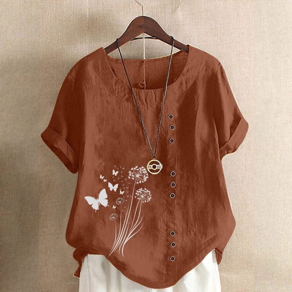 CLOISE Short Sleeve Tops for Women Plus Size Shirts Button Round Neck Casual Pullover Graphic Summer Blouses Coffee