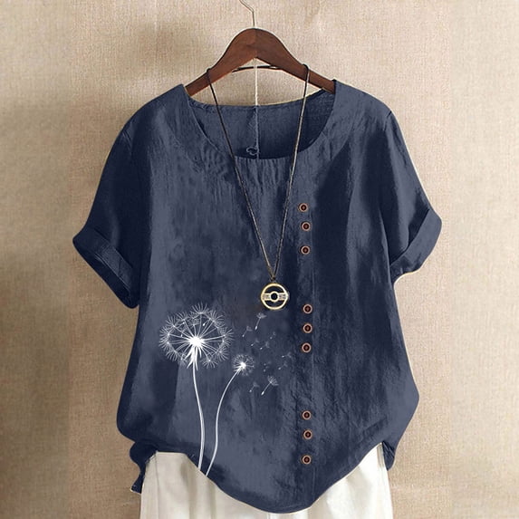 CLOISE Short Sleeve Tops for Women Plus Size Shirts Button Round Neck Casual Pullover Graphic Summer Blouses Navy