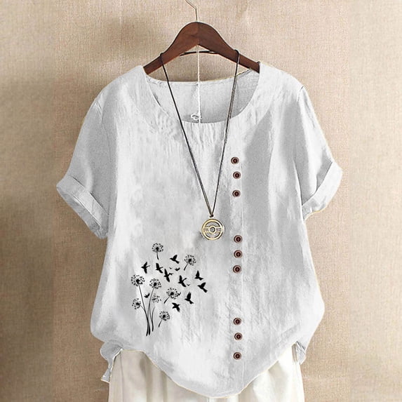 CLOISE Short Sleeve Tops for Women Plus Size Shirts Button Round Neck Casual Pullover Graphic Summer Blouses White