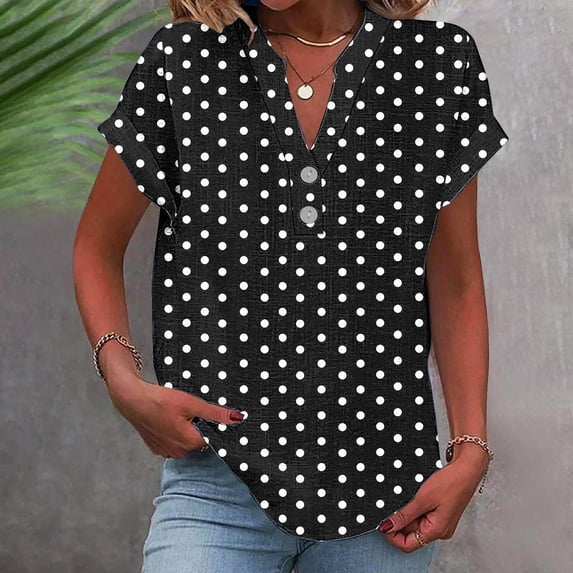 CLOISE Short Sleeve Tops for Women Plus Size Shirts Button V Neck Casual Pullover Print Summer Blouses Black