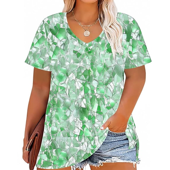 CLOISE Short Sleeve Tops for Women Plus Size Shirts Tunic V Neck Casual Pullover Print Summer Blouses Green