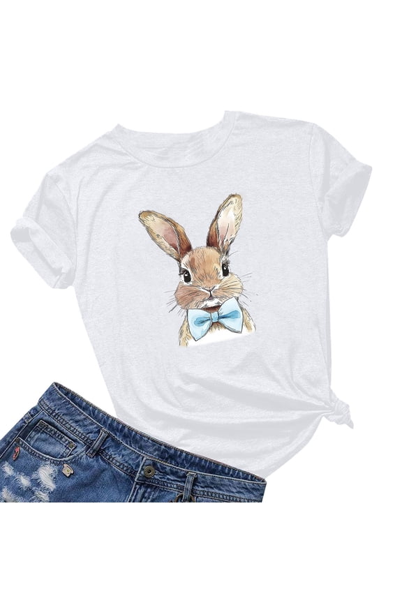 Short Sleeve Tops for Women Summer Easter Plus Size Shirts Crewneck Holiday Pullover Bunny Holiday Blouses White
