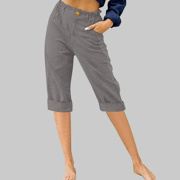 CLOISE Shorts for Women Summer Regular Fitted Casual Shorts Plus Size Fashion Comfortable Pockets High Waisted Solid Three-Quarter Short Pants Gray M