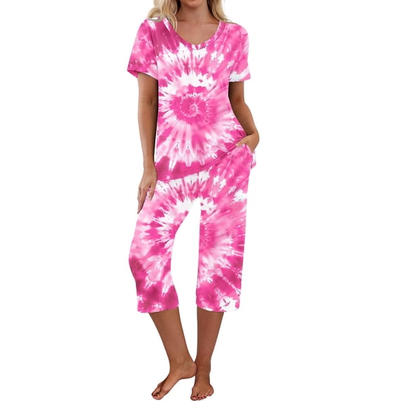 CLOISE Sleepwear Sets for Women 2 Piece Comfy Short Sleeve Sleepwear Blouses and Comfort Capri Pants with Pockets Night Clothes Set Comfortable Print Trendy Nightwear