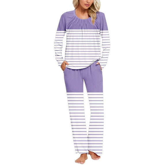 CLOISE Sleepwear for Women Pajama Set Two Piece Comfortable Long Sleeve Sleepwear Shirts and Soft Lounge Pants with Pockets Sleep Sets Casual Color Block Plisse Striped Printed Funny Nightwear