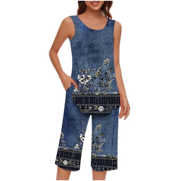 CLOISE Sleepwear for Women Pajama Set Two Piece Comfortable Tank Top Sleepwear Shirts and Soft Capri Pants Sleep Sets Casual Flower Printed Trendy Loungewear