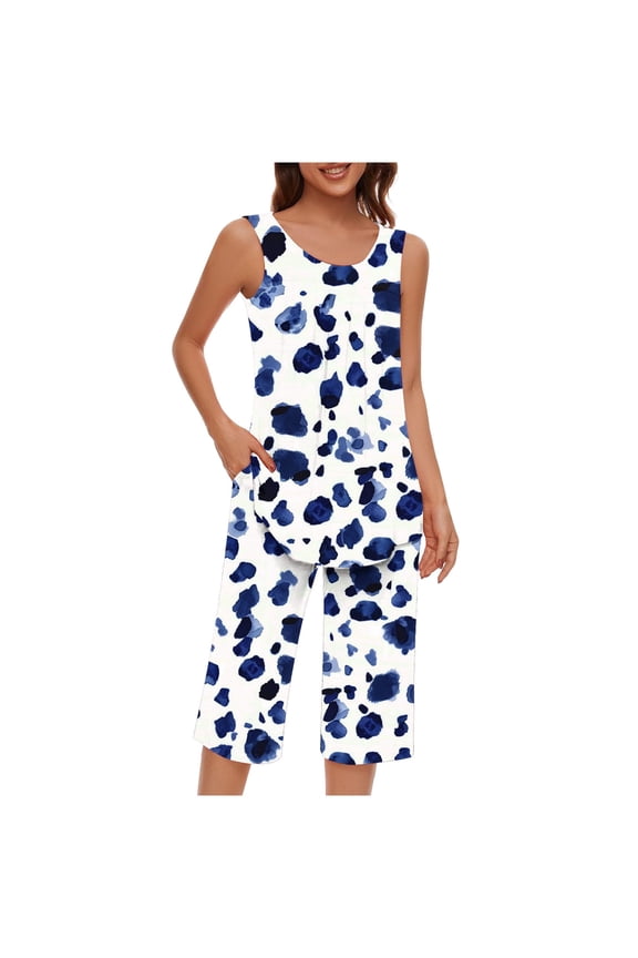 Sleepwear for Women Set Two-Piece Comfort Tank Top Sleepwear Tops and Comfortable Capri Pants Loungewear Sets Soft Floral Print Winter Pjs