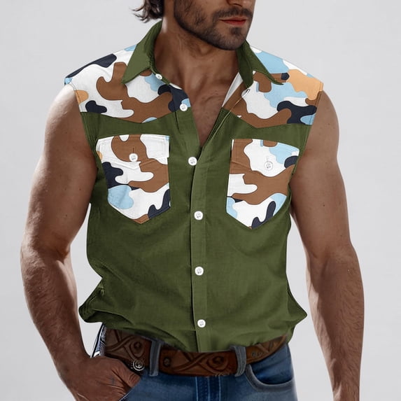CLOISE Sleeveless Tops for Men Big and Tall Sleeveless Shirts with Pockets Collared Casual Pullover Tank Tops Color Block Summer Blouses Green