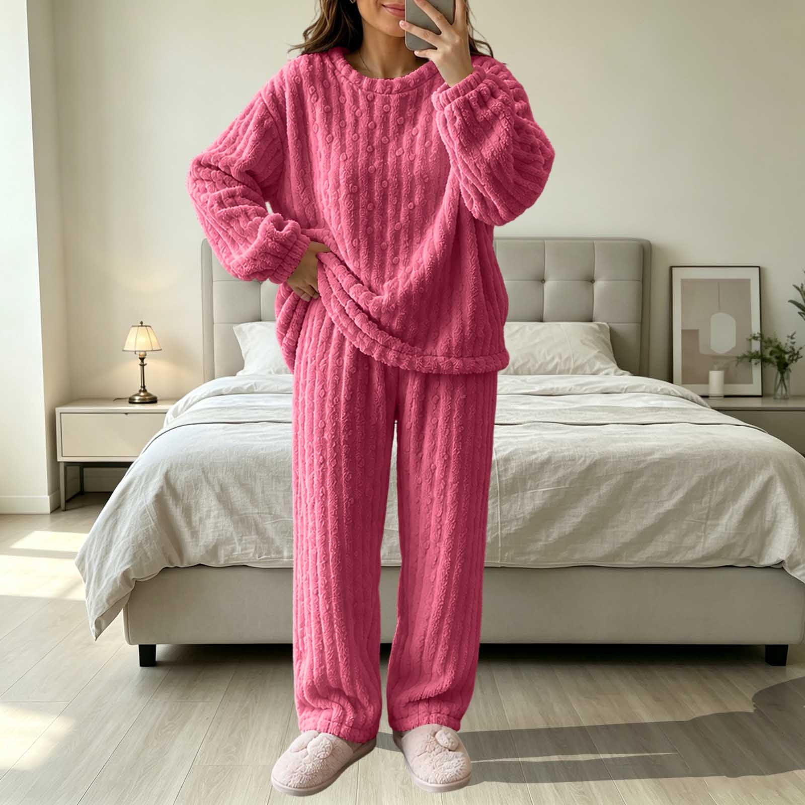 Solid Soft Pink Color CLOISE Soft Lounge Sets for Women 2 Piece Flannel Fleece Long Sleeve ...