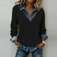 thumbnail image 1 of CLOISE Soft Sweatshirts for Women Denim Patchwork Long Sleeve Shirts Button Collared Pullover Tops Casual Vacation Clothes, 1 of 6