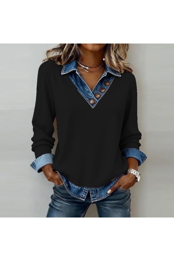 Soft Sweatshirts for Women Denim Patchwork Long Sleeve Shirts Button Collared Pullover Tops Casual Vacation Clothes