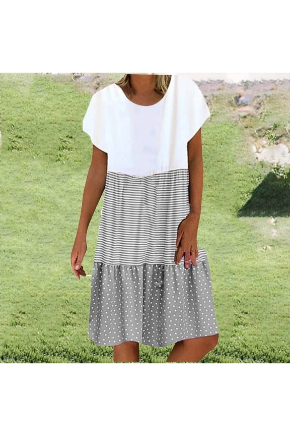 Summer Dresses for Women Short Sleeve Casual Spring Summer Plus Size Dresses for Curvy Women Loose Trendy Cute Print Mini Dress Gray 3XL