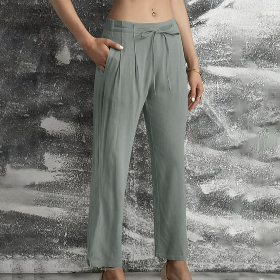 CLOISE Summer Pants for Women Cotton Linen Pants Mid Rise Straight Leg Pants Pull On Lounge Pants Drawstring Elastic Waist Pants Solid Comfy Pants Casual Fashion Gray
