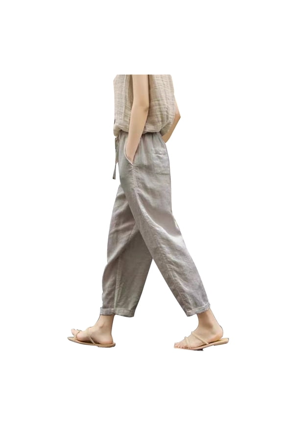 Summer Pants for Women With Pockets Cotton Linen Pants Petite Soft Elastic Waist Lounge Pants Drawstring Mid Rise Pants Lightweight Pull On Trousers Solid Cotton Linen Pants Summer Gray