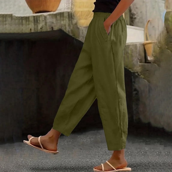 CLOISE Summer Pants for Women with Pockets Cotton Linen Pants Petite Comfort Elastic Waist Lounge Pants Lightweight Lady Pull on Pants Mid Rise Trousers Straight Leg Linen Pants Army Green M