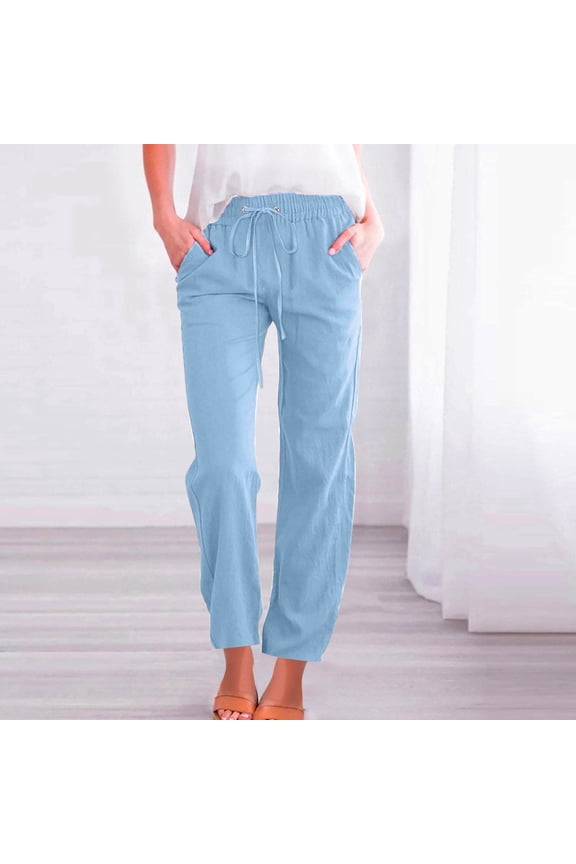 Summer Pants for Women With Pockets Pull On Petite Cotton Linen Pants Drawstring Elastic Waist Pants Lounge Mid Rise Pants Solid Lightweight Trousers Casual Summer Light Blue