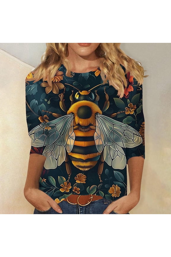 Summer Tops for Women 3/4 Sleeves Bee Day Plus Size Shirts Crewneck Holiday Pullover Holiday Blouses Multicolor S