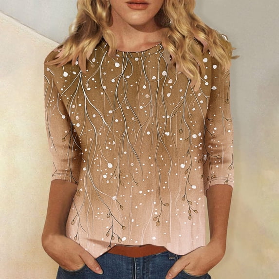 CLOISE Summer Tops for Women 3/4 Sleeves Plus Size Shirts Crewneck Casual Pullover Gradient Loose Blouses Coffee L