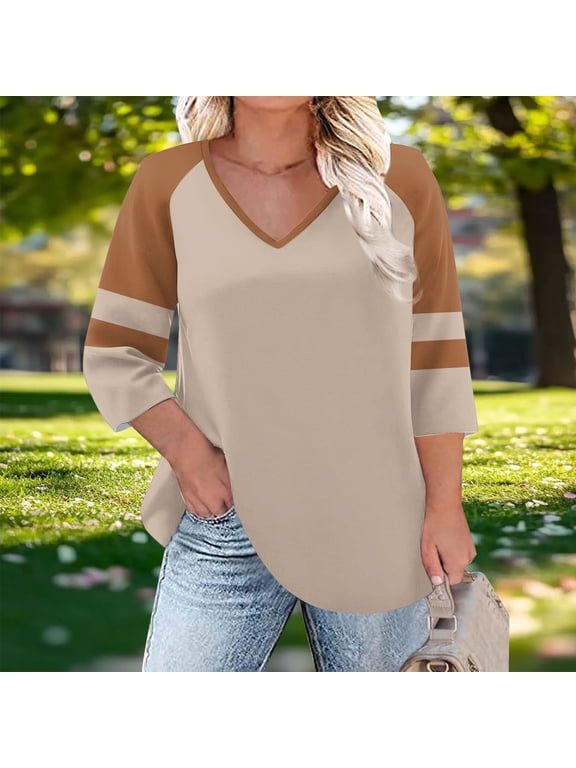 Summer Tops for Women 3/4 Sleeves Plus Size Shirts Tunic V Neck Casual Pullover Color Block Loose Blouses Khaki