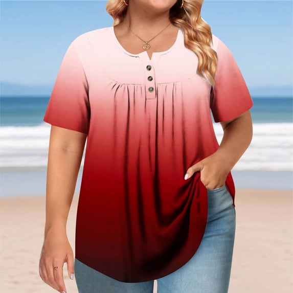 CLOISE Summer Tops for Women Short Sleeve Plus Size Shirts Button Crewneck Casual Pullover Gradient Blouses Wine