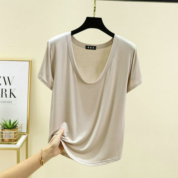 CLOISE Summer Women T Shirts U Neck Short Sleeve Tee Casual Fashion Loose Tops Solid Cute Blouses Beige XL