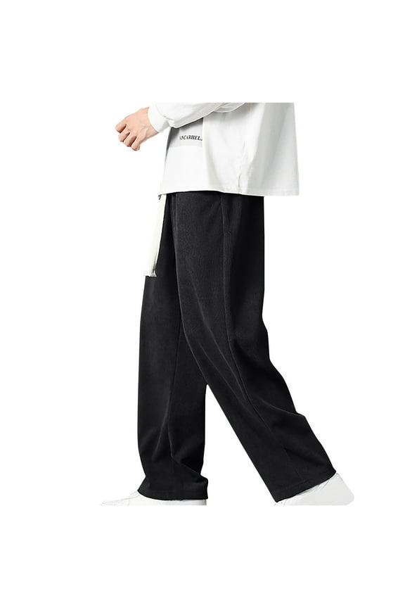 Sweatpants Men Big and Tall Open Bottom Black Running Wide Leg Pants Baggy Corduroy Straight Leg Sweatpants Drawstring Elastic Waist Soft Lounge Heavyweight Solid Trousers with Pockets XL