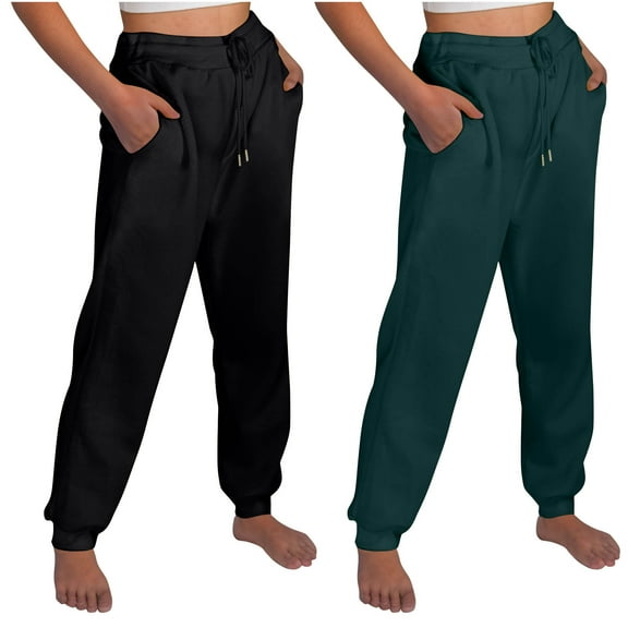 CLOISE Sweatpants for Women 2 Pack Baggy Fleece Lined Jogger Pants Cozy Petite Tall Elastic Bottom Pants Green Running Elastic Waist Drawstring Solid Sweatpants with Pockets Everyday Pants
