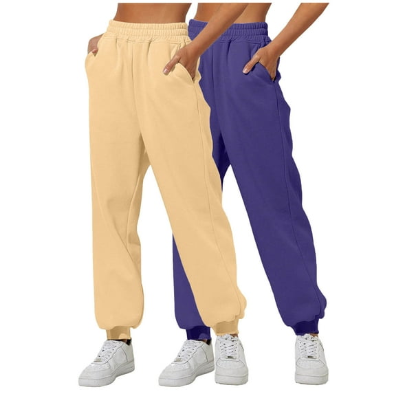 CLOISE Sweatpants for Women 2 Pack Baggy Jogger Pants Soft Petite Tall Elastic Bottom Trousers Purple Workout Elastic Waist Solid Sweatpants with Pockets Fashion Classic Long Trousers 2XL