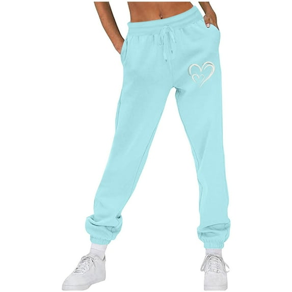 CLOISE Sweatpants for Women Baggy Fleece Jogger Pants Comfort Pull on Low Rise Elastic Bottom Pants Sky Blue Gym Elastic Waist Drawstring Heart Sweatpants with Pockets Fashion Fall Sweatpants