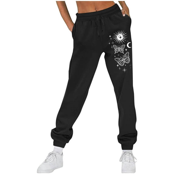 CLOISE Sweatpants for Women Baggy Fleece Jogger Pants Loose Pull on Low Rise Elastic Bottom Pants Black Gym Elastic Waist Drawstring Print Sweatpants with Pockets Fashion Classic Long Trousers