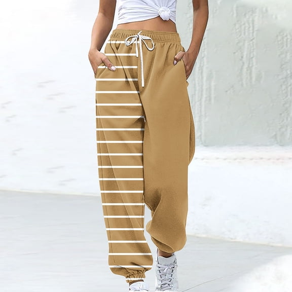 CLOISE Sweatpants for Women Baggy Jogger Pants Cozy Pull on High Waisted Elastic Bottom Pants Khaki Gym Elastic Waist Drawstring Striped Sweatpants with Pockets Fashion Winter Long Trousers M