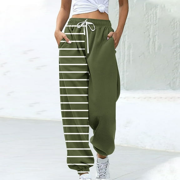 CLOISE Sweatpants for Women Baggy Jogger Pants Loose Petite Tall Elastic Bottom Trousers Army Green Workout Elastic Waist Drawstring Striped Sweatpants with Pockets Fashion Winter Long Trousers