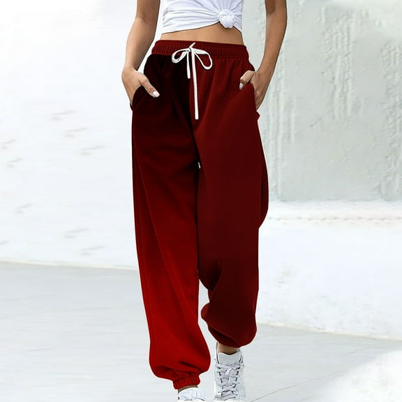 CLOISE Sweatpants for Women Baggy Jogger Pants Lounge Petite Tall Elastic Bottom Pants Red Running Elastic Waist Drawstring Color Block Sweatpants with Pockets Trendy Winter Long Trousers M