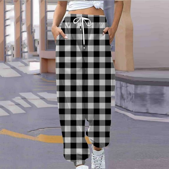 CLOISE Sweatpants for Women Baggy Jogger Pants Soft Petite Tall Elastic Bottom Trousers Black Workout Elastic Waist Drawstring Plaid Sweatpants with Pockets Fashion Everyday Long Sweatpants XL