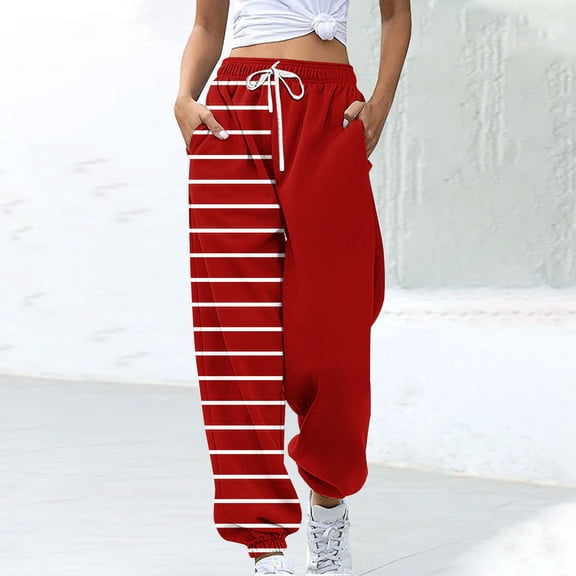 CLOISE Sweatpants Women Baggy Joggers Casual Petite Tall Elastic Bottom Pants Red Running Elastic Waist Drawstring Striped Sweatpants with Pockets Trendy Basic Long Pants S