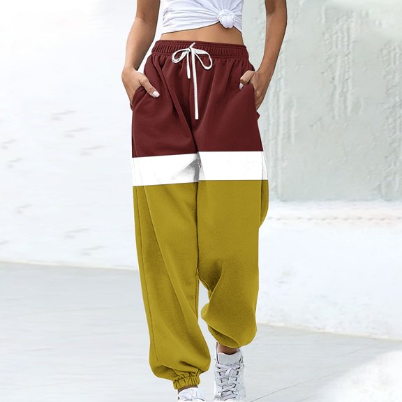 CLOISE Sweatpants Women Baggy Joggers Casual Pull on High Waisted Elastic Bottom Pants Yellow Gym Elastic Waist Drawstring Striped Sweatpants with Pockets Fashion Basic Long Pants 2XL