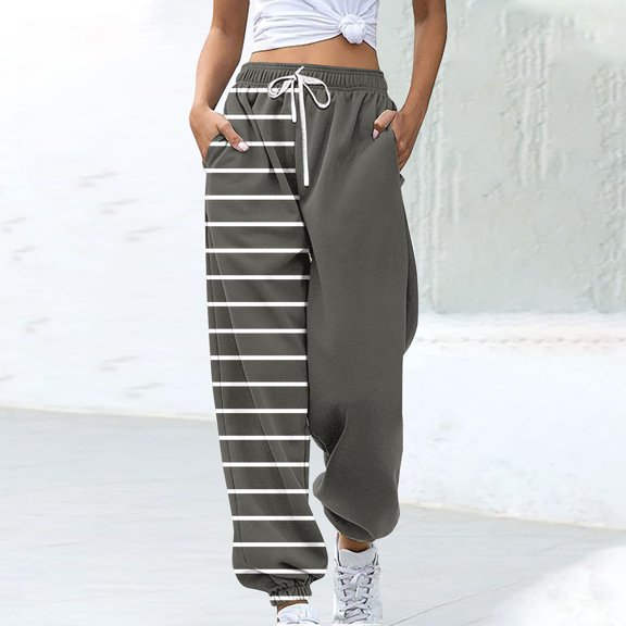 CLOISE Sweatpants Women Baggy Joggers Comfy Pull on High Waisted Elastic Bottom Pants Gray Active Elastic Waist Drawstring Striped Sweatpants with Pockets Fashion Basic Long Pants S